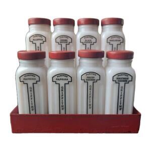 VTG Set Of 8 Original Griffiths Spice Jars ~ Milk Glass With Red Metal Rack